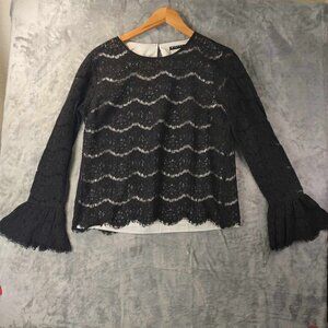 Sisley Women's M Black Long Flared‎ Bell Sleeve Floral Lacy Dark Fairy Blouse